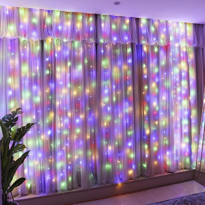 Instalatie craciun, tip perdea, 1 m x 1 m, 60 led-uri, multicolor, controler, 8 jocuri de lumini, interconectabila, fir transparent, interior/ exterio