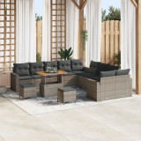 Set canapea grădină cu 13 piese și perne gri din ratan poliesteric acacia, Set masă grădină 3 piese și perne gri din ratan poliesteric acacia, vidaXL