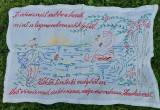 ** Peretar vechi cusut de mana pe panza, cu ate colorate, cu text in limba maghiara, Transilvania