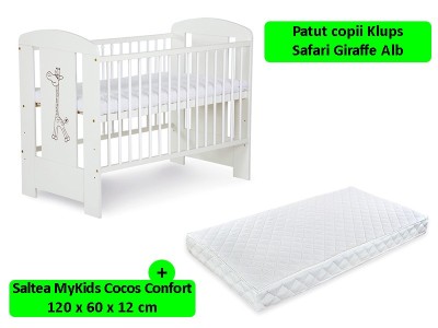 Patut Klups Safari Giraffe Alb + Saltea 12 Confort II foto