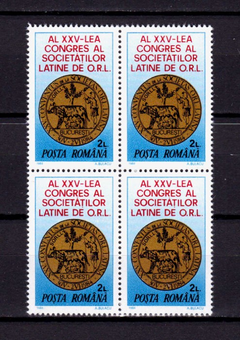 ✅RO 1984 LP 1102 &quot;Al 25-lea Congres al Soc. Latine O.R.L.&quot; , serie in bloc de 4 ,MNH