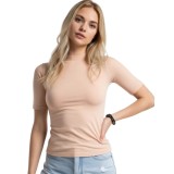 Cumpara ieftin Bluză tip maletă, cu m&acirc;necă scurtă,Slimfit din bumbac elastic &ndash; confort și stil &icirc;n fiecare zi - L - Bej