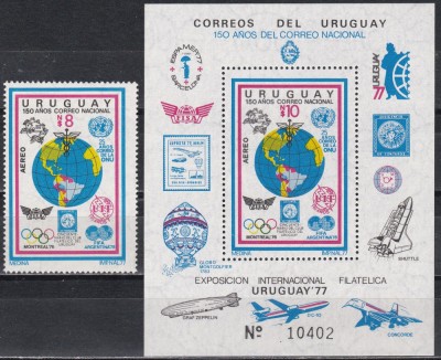 Uruguay 1977 - Expoziția internațională de timbre UREXPO &amp;#039;77, Serie + Colita,MNH foto