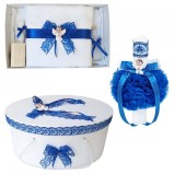 Set trusou botez, cutie trusou si lumanare, dantela si Ingeras, decor Albastru,