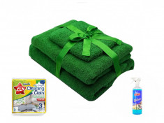 Pachet 1 Set prosoape 3 piese Verde + Solutie de geamuri 1 kg + Set lavete uscate universale Relax KipRoom foto