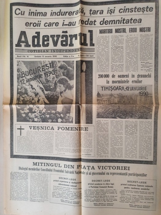 adevarul 13 ianuarie 1990-200.000 de oameni in genunchi la mormintele eroilor