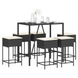 Cumpara ieftin Set bar de grădină, 7 piese, cu perne, negru, poliratan