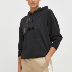 Puma bluză CLASSICS Shiny Logo Hoodie femei, culoarea negru, cu glugă, imprimeu, 625595