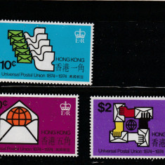 Hong Kong 1974-UPU,Centenar,serie 3 valori dantelate,MNH,Mi.292-I,293,294