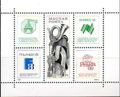 UNGARIA 1988, Expo. Fil. JUVALUX &amp;rsquo;88, SYDPEX &amp;rsquo;88, FINLANDIA &amp;rsquo;88 , PRAGA &amp;rsquo;88, MNH foto