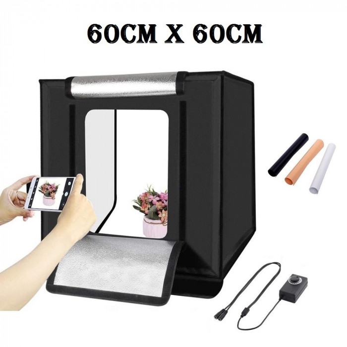 Lightbox portabil 60cm - cub cort foto cu led incorporat pt fotografie de produs