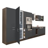Mobilă Bucătărie Leziter Yorki 430 Stejar/Antracit Satinat - Frigider Congelator Inferior, Blat 28mm, 430cm