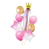 Kit aranjament baloane Princess, stelute si Cifra 1, folie metalizata, roz, Idei