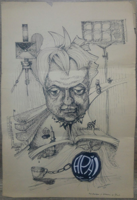 Caricatura Pusi (Dumitru) Dinulescu// tus de Adrian Alessiu, 1985