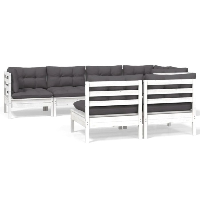 Set mobilier gradina cu perne, 7 piese, alb, lemn masiv de pin