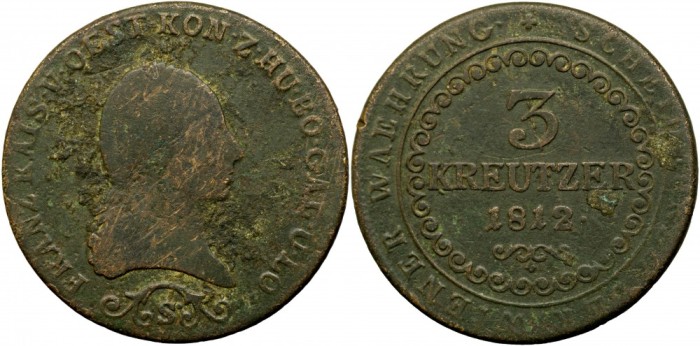 1812 S (Schmolinitz), 3 kreutzer - Francisc al II-lea - Imperiul Habsburgic!