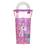 Pahar cu Pai, Unicorn, Plastic, Culoare Roz, Capacitate 400ml, Oem
