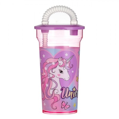 Pahar cu Pai, Unicorn, Plastic, Culoare Roz, Capacitate 400ml foto