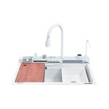 Chiuveta Bucatarie Multifunctionala 75x46 cm, Inox Alb, Dus Extractabil, Tocator Lemn, LCD Temperatura, 2 Jeturi