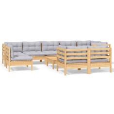 Set mobilier gradina cu perne, 10 piese, gri, lemn masiv pin
