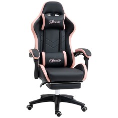 Scaun de Gaming Premium, Piele Ecologică PU, Oțel, &Icirc;nălțime Ajustabilă, Spătar Inclinabil, 65x65x121-129 cm, Roz și Negru | Aosom Romania