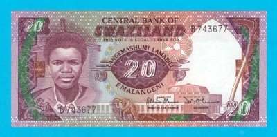 Bancnotă Swaziland (pick 12) 20 Emalangeni 1986 UNC serie: B7436.. foto