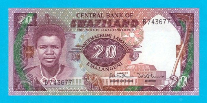Bancnotă Swaziland (pick 12) 20 Emalangeni 1986 UNC serie: B7436..