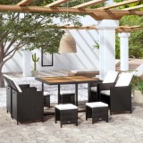 Set mobilier exterior vidaXL 9 piese, poliratan negru, lemn acacia, perne incluse - gradina/terasa