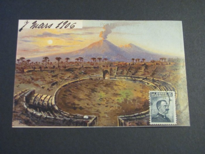 Pompei Amfiteatrul cu Vezuviul &icirc;n Erupție - Carte Poștală Vintage Italia (datată1906)