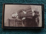 SUPERBA fotografie , anul 1890 ,atelier GERSTL ,Calea Victoria No 15 , Bucarest. copila .dimensiuni 11 cm x 6 cm