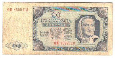 SV * Polonia 20 ZLOTI / ZLOTYCH 1948 * F+ foto