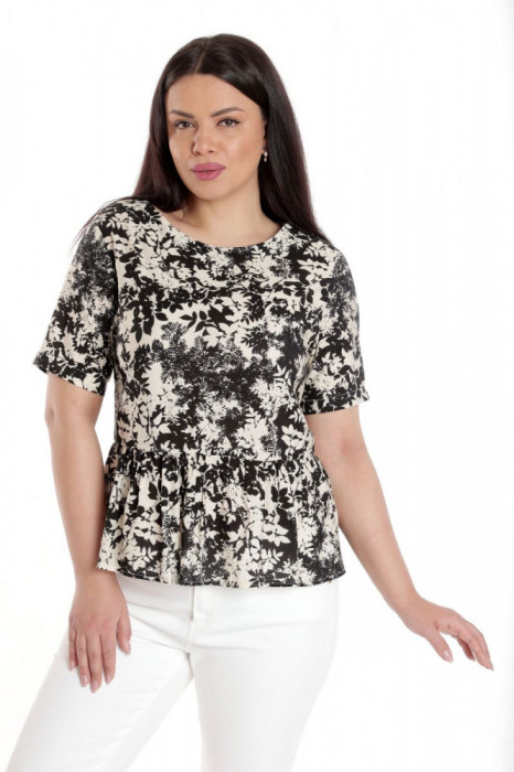 Bluza Dama, Peplum, din Viscoza, Crem cu Negru si model Floral - XL