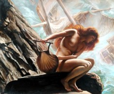 Tablou peisaj marin, Nud femeie cu scoica, semnat, Pictura cu rama Galerie arta