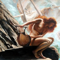 Tablou peisaj marin, Nud femeie cu scoica, semnat, Pictura cu rama Galerie arta