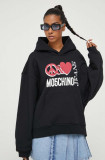 Moschino Jeans hanorac de bumbac femei, culoarea negru, cu glugă, neted