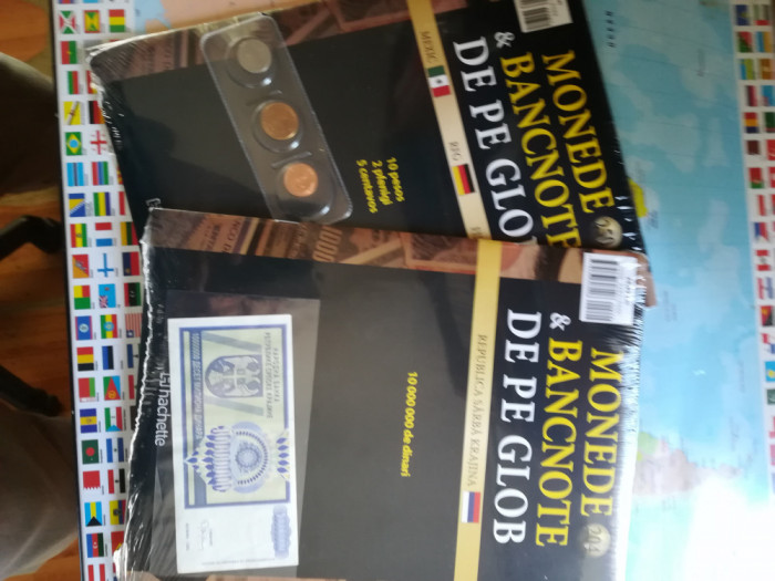 Monede &amp; bancnote 2 reviste &quot;Hachette&quot;(10 pesos,2 pfennig,5centavos,10mil.din)