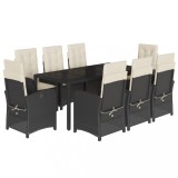 Set mobilier de gradina cu perne, 9 piese, negru, poliratan