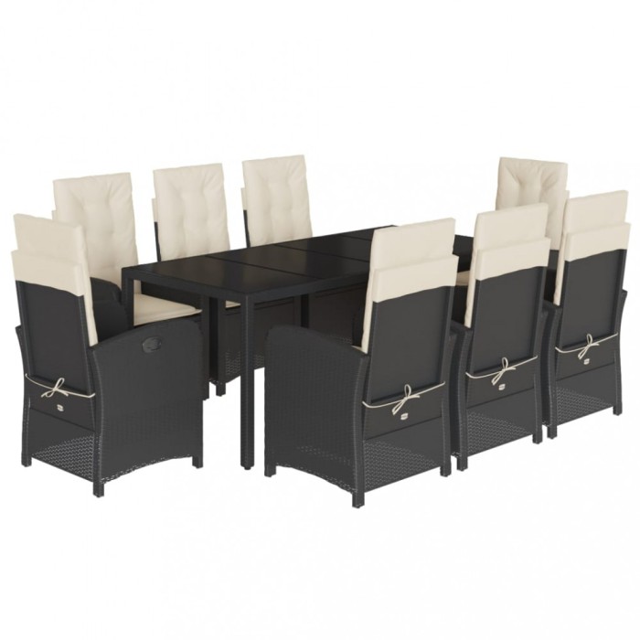 Set mobilier de gradina cu perne, 9 piese, negru, poliratan