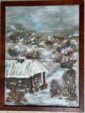 Tablou A. Lungu, &rdquo;Peisaj de iarnă&rdquo;, ulei pe carton, 46 x 36 cm, rama, sticla, gata de pus pe perete