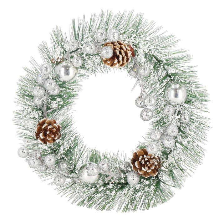 Coronita pentru Craciun, 24 cm, din brad artificial, cu conuri si zapada, verde