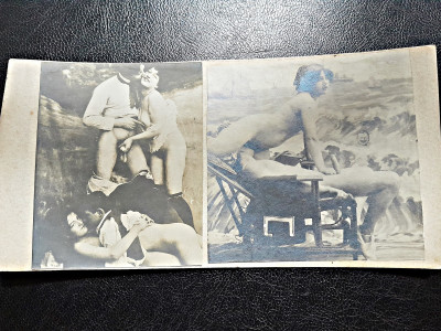 2 fotografii vechi, cu tema erotica, lipite pe carton foto