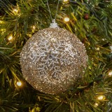 Globuri Crăciun, Model Bej Fulg Glitter, 8cm, Set 6 Bucăți, Plastic, Oem