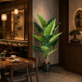 Planta artificiala Alocasia decorativa 170 cm, 14 frunze, verde, Oem, cu ghiveci
