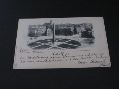 Carte Poștală Vintage Germania &amp;quot;Gruss aus M&amp;uuml;nchen&amp;quot; - Karolinenplatz cu Obelisc foto