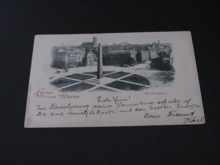 Carte Poștală Vintage Germania &quot;Gruss aus M&uuml;nchen&quot; - Karolinenplatz cu Obelisc