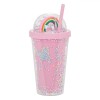 Pahar Plastic, Model Curcubeu, Roz, Capacitate 0,45L, Capac Cupolă, Pai Roz, Oem