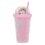Pahar Plastic, Model Curcubeu, Roz, Capacitate 0,45L, Capac Cupolă, Pai Roz