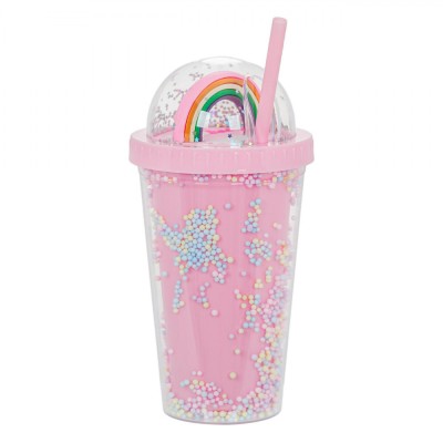 Pahar Plastic, Model Curcubeu, Roz, Capacitate 0,45L, Capac Cupolă, Pai Roz foto