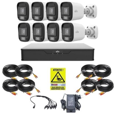 Sistem supraveghere 8 camere Uniview, 5MP, ColorHunter, 5MP 2K+, Lumina Alba 20m, Vedere color pe timp de noapte, DVR 8 canale, Accesorii montaj, Vizu foto