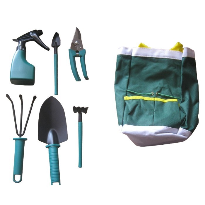Set 7 piese, 6 unelte de gradina si genata de depozitare KJK, plastic, metal, verde, negru